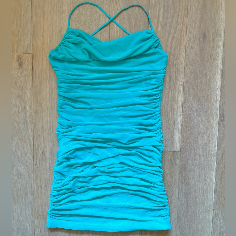 Oh Polly ‘No Angel’ Aqua Blue Ruched Mesh Bodycon Mini Dress